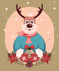 Colorful Christmas Illustration. Merry Christmas deer with a scarf around his neck, holding a Christmas tree toy. Excellent illustration for the decor of Vector Cards