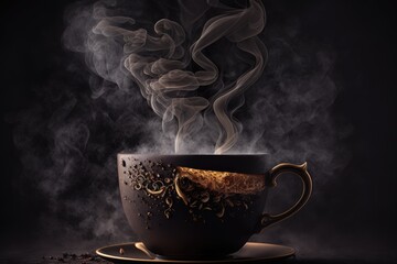 Dark background with a steaming coffee cup. Generative AI