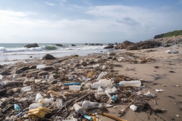 Beach pollution. Plastic bottles and other trash on the beach. Generative AI.