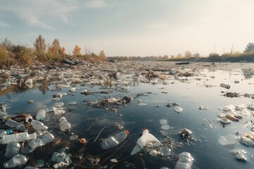 Garbage and plastic pollution in the lake. Generative AI
