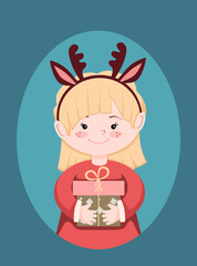Christmas Illustration for use as a Card Design. Little Girl Holding gifts in her hands. Vector Illustration