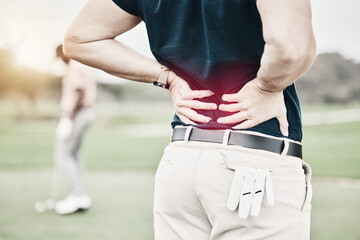Sports, injury and man on golf course with back pain during game, massage and relief in health and...
