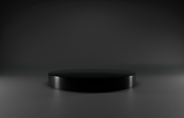 Black gloss circular podium or pedestal display on semi matte black background. Blank product cylinder standing backdrop. 3D rendered. Three point lighting.