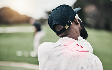 Sports, injury and golf course, black man with shoulder pain during game, massage and relief in...
