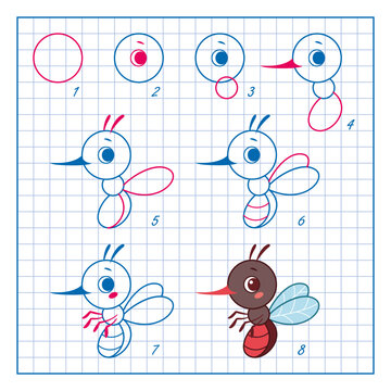 How to Draw Insect, Step by Step Lesson for Kids, Mosquito Cartoon Vector Illustration