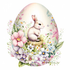 Easter bunny with flowers in egg. Happy Easter day! Spring holiday. Watercolor illustration isolated on white background