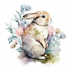 Easter bunny with flowers. Happy Easter day! Spring holiday. Watercolor illustration isolated on white background