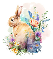 Easter bunny with flowers. Happy Easter day! Spring holiday. Watercolor illustration isolated on white background