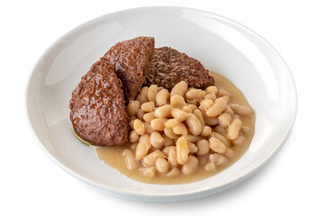 Roast beef burger with cannellini bean soup on a white plate