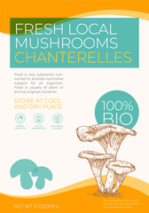 Fresh Local Mushrooms Label Template. Abstract Vector Packaging Design Layout. Modern Typography Banner with Hand Drawn Chanterelles Sketch Silhouette Background