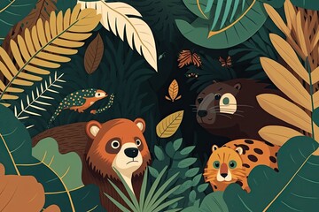 Fototapeta na wymiar Cute, endangered animals can be seen hiding in the jungle's foliage while displaying their faces. concept art for topics including wildlife, the outdoors, endangered species, animal welfare, and more