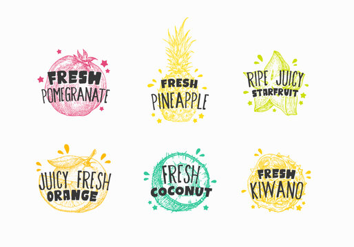 Juicy Fresh Ecxotic Fruits Badges, Labels or Logo Templates Collection. Hand Drawn Pomegranate, Kiwano, Orange, Starfruit and Coconut Sketch with Playful Typography. Exotic Food Emblems Set. Isolated