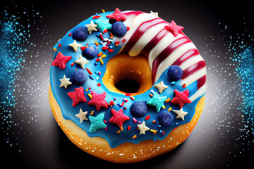 donut with candies and stars on independence day. Generative Ai