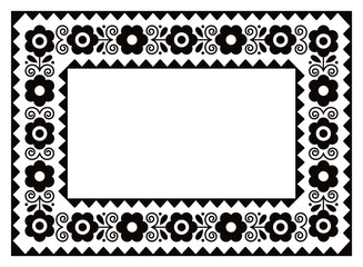 Polish  decorative floral folk art rectangle frame vector design, perfect for greeting card or wedding invitation in black and white
	
