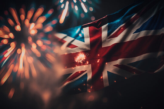 UK holiday concept. Great Britain Union Jack flag background with fireworks. Generative ai