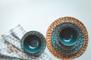 Set of modern trendy tableware top view on a white background