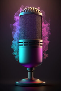 microphone, background for podcast commercial use, sound frequencies, microphone on the side, light colors, copy space, Generative IA