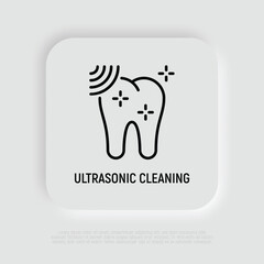 Ultrasonic cleaning thin line icon. Dental hygiene. Shining tooth. Vector illustration.