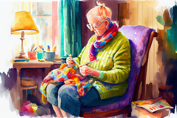An old grandmother sitting in her armchair, with a warm smile on her face, while knitting a cozy sweater, generative ai illustration