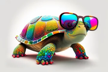 Foto op Plexiglas Cartoon colorful turtle with sunglasses on white background. Created with generative A © innluga