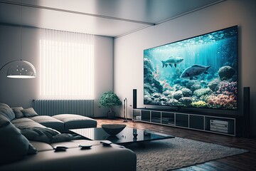 Living room with big tv screen. Generative AI
