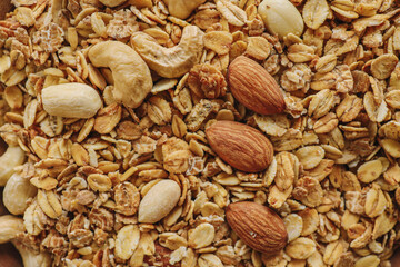 Baked granola, close-up. Background from Muesli. Useful breakfast