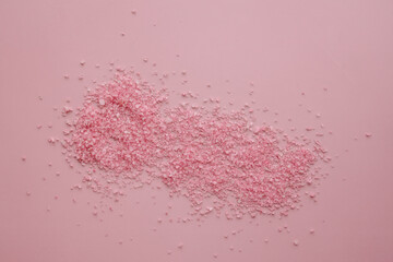 aromatic pink Himalayan sea salt on pink background. Homemade Herbal bath salts. Skincare spa beauty bath cosmetic products for relax. Natural skin care. Top view, copy space. Home spa. Aromatherapy