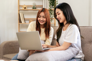 Young woman lesbian couple using laptop to chatting with friends