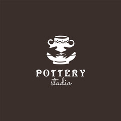 Logo for Pottery Studio. White on the dark brown background.