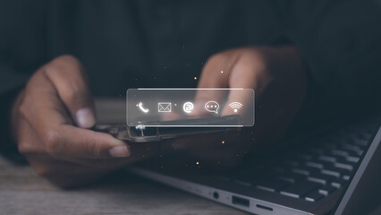 CONTACT US, Man using phone support hotline people connect customer service.