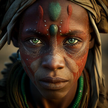 Portrait of a young beautiful African tribe woman with green eyes created with generative AI