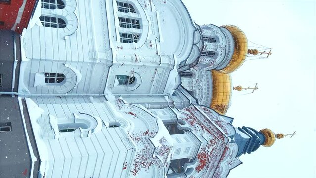 Belogorsky St. Nicholas Orthodox Missionary Monastery. Russia, Perm Krai, Belaya Gora. The temple on the hill in winter. Monastery on the background of snow. 4K