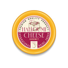 Halloumi Cheese Vintage packaging design. Dairy Food Label Template. Abstract Vector Packaging Design Layout. Modern Typography Banner with Hand Drawn Halloumi Grill Cheese Cube Isolated.