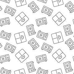 Seamless vector repeating pattern of scales, microwave oven, scales is made of line icons for polygraphy and websites