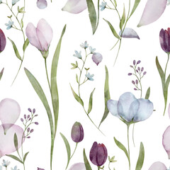 Colored floral seamless pattern in vintage style,  spring garden illustration on white background. Watercolor hand painting print with abstract flowers, leaves and plants, design texture.