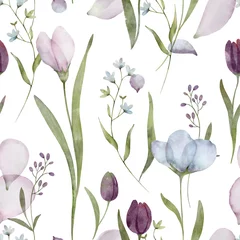 Tapeten Aquarell-Set 1 Colored floral seamless pattern in vintage style,  spring garden illustration on white background. Watercolor hand painting print with abstract flowers, leaves and plants, design texture.