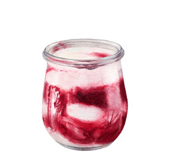 Watercolor illustration of yogurt with cherry jam, isolated on white background. White chocolate mousse cherry in a glass.