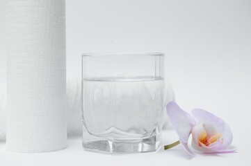 A glass of drink water and filter cartridges at white background