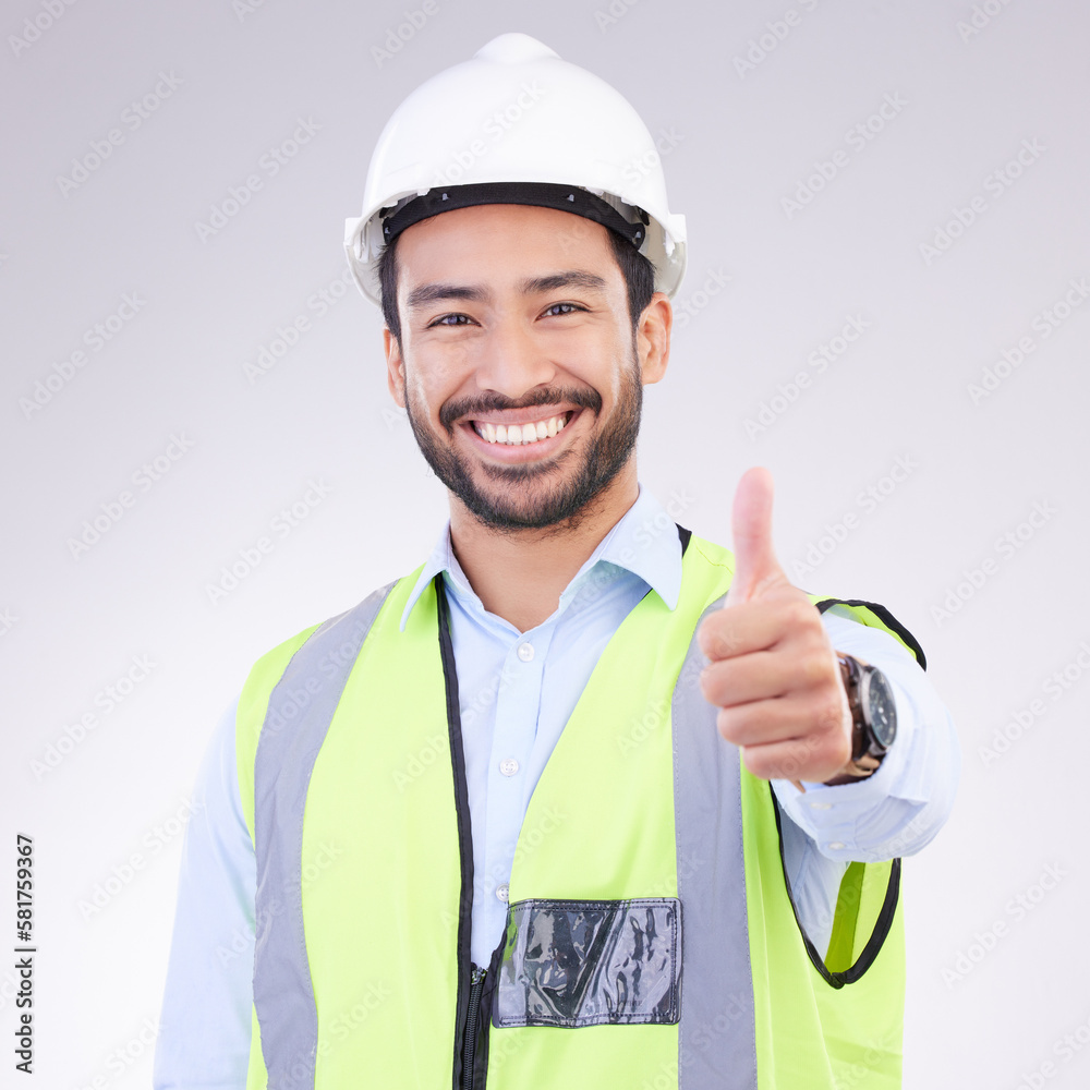 Poster thumbs up of engineering man face isolated on a white background support, like or success in project