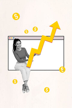 Vertical collage photo of optimistic trader girl business owner entrepreneur website binance finance market bull crypto isolated on white background