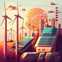solar cell plant and wind generators in urban area connected to smart grid.Energy supply,eolic turbine,distribution of energy,Powerplant,energy transmission, high voltage supply concept, Generative AI