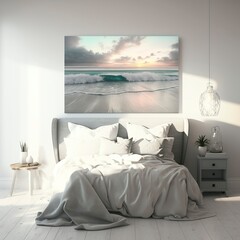sunrise seascape with waves crashing on a white sandy beach and a soft pastel sky in the background, Generative AI