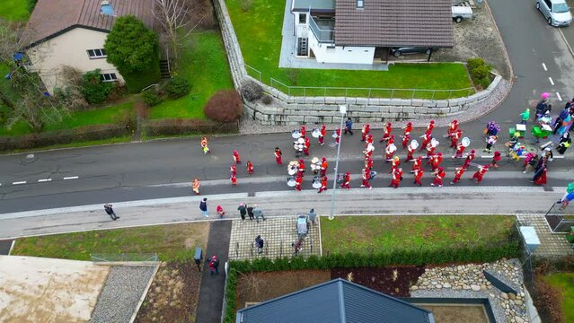 Aerial of Parade, Children's Carnival, Bergdietikon, Greater Zurich Area, Switzerland