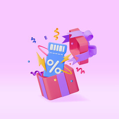 3d Coupon with Percent Symbol in Gift Box Isolated. Render Discount Voucher or Coupon. Blank Ticket Shopping Paper. Promotional Offer Confirmation. Bonus Purchase, Gift Concept. Vector Illustration