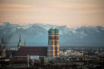 aerial photo of the sunset in munich showing the frauenkirche, golden hour, skyline - obrazy, fototapety, plakaty