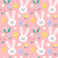Seamless pattern with Easter eggs, bunny head, daisies, flowers and berries on pastel pink background.