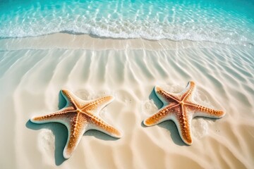 Fototapeta na wymiar Two starfishes on the soft white sand beach in clear sea water. Summer background. Summer time.Copy space. Honeymoon on the tropical island.Relaxing on the beach. Generative AI
