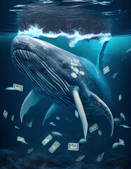 A big whale swims underwater among the money. Generative AI. - 581761100