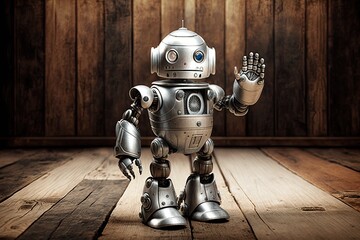 retro silver robot waving hi on an old wooden floor. Generative AI