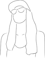 Woman in cap and sunglasses, vector. Hand drawn sketch. Woman in a tank top, cap and sunglasses, silhouette.